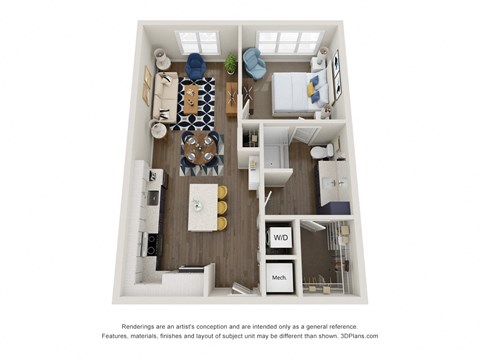 Floor plan for 1 bed, 1 bath, 744 sqft